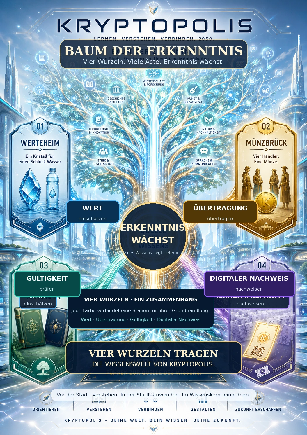 Der Baum der Erkenntnis mit den vier Wurzeln Werteheim, Münzbrück, Vertrauenshain und Digitalia sowie vielen späteren Ästen in Kryptopolis.